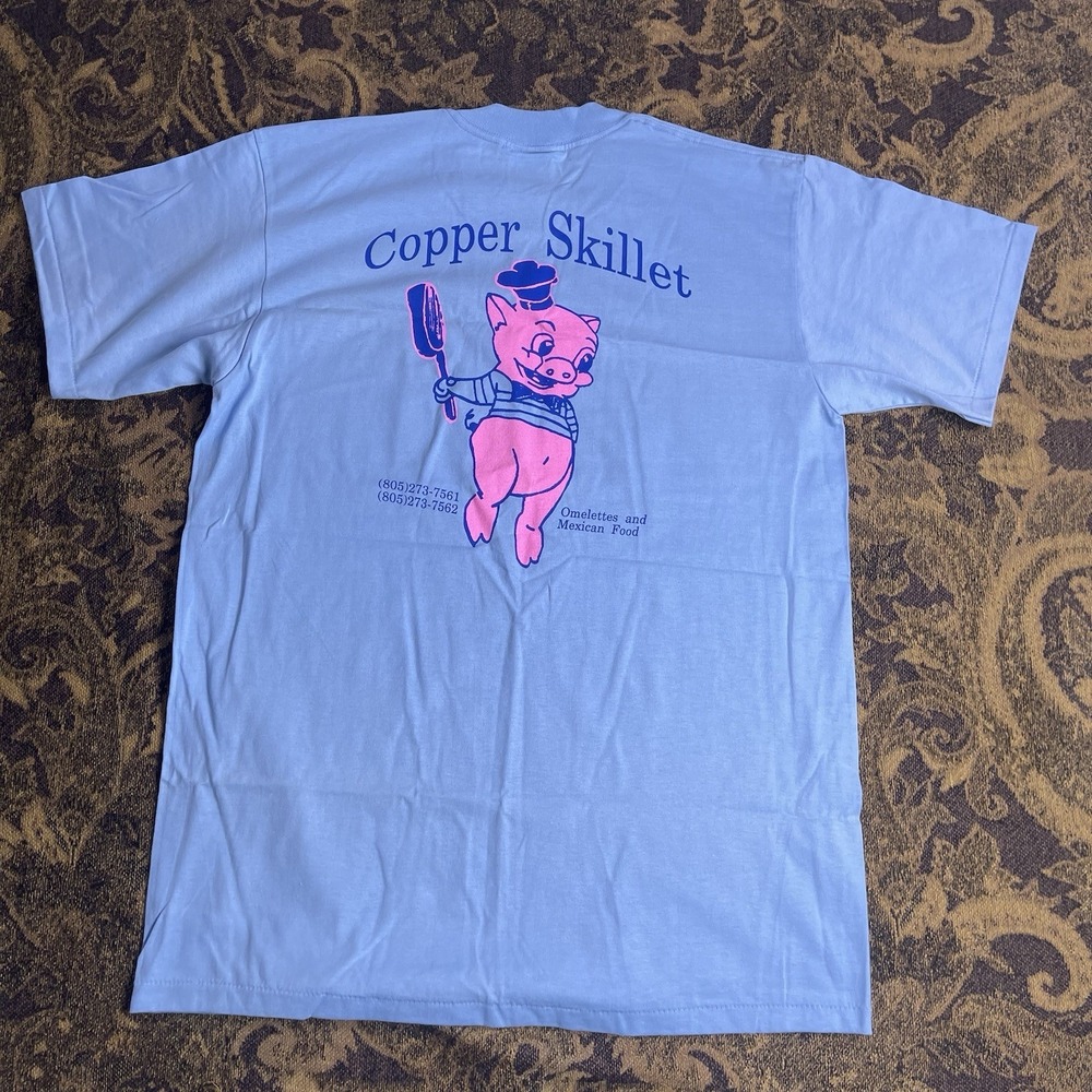 Vtg 90s Copper Skillet Palmdale CA Pig Drawing Light Blue Shirt Mens Size XL